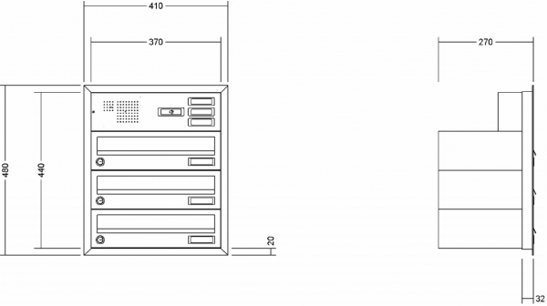 Leabox Briefkastenanlage Unterputz, Alu - Putzabdeckrahmen, waagerechte Kästen, Kastenformat 370x110x270mm, mit Klingel - und Lichttaster und Vorbereitung Gegensprechanlage, 3-teilig